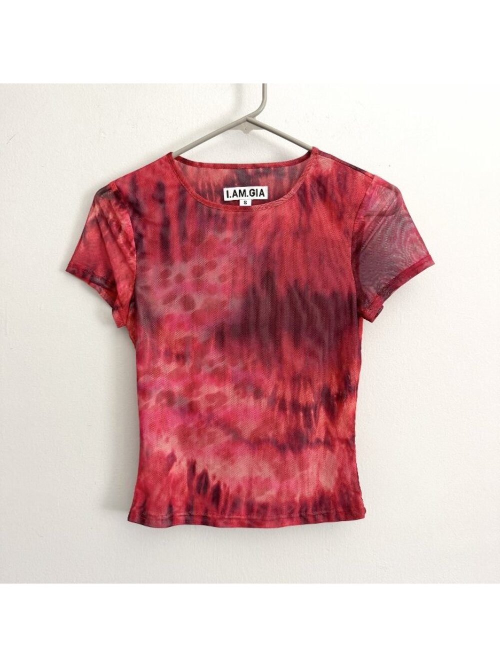 I.AM.GIA Red Short Sleeve Mesh Cropped Top Tie-Dye Semi-Sheer Women’s Sz Small